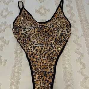 Leopard print with rhinestones bodysuit